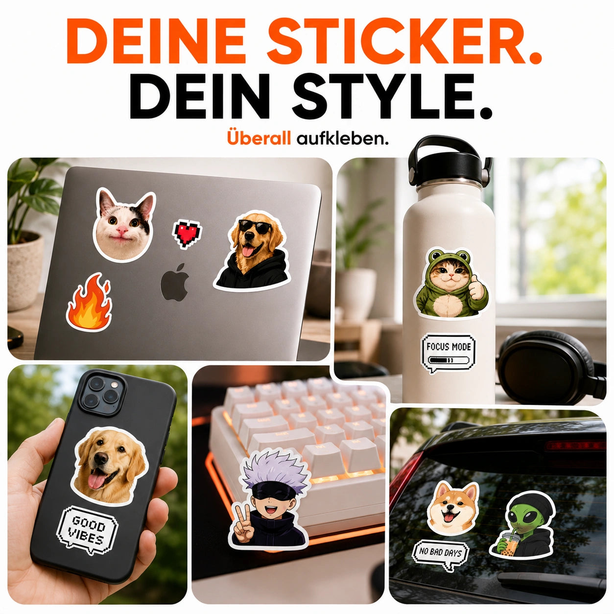 Sticker drucken für Laptop, Smartphone, Trinkflasche, Tastatur und Auto – individuelle Fotosticker, Meme-Sticker und Design-Sticker für Alltag, Hobby und persönliche Gestaltung.