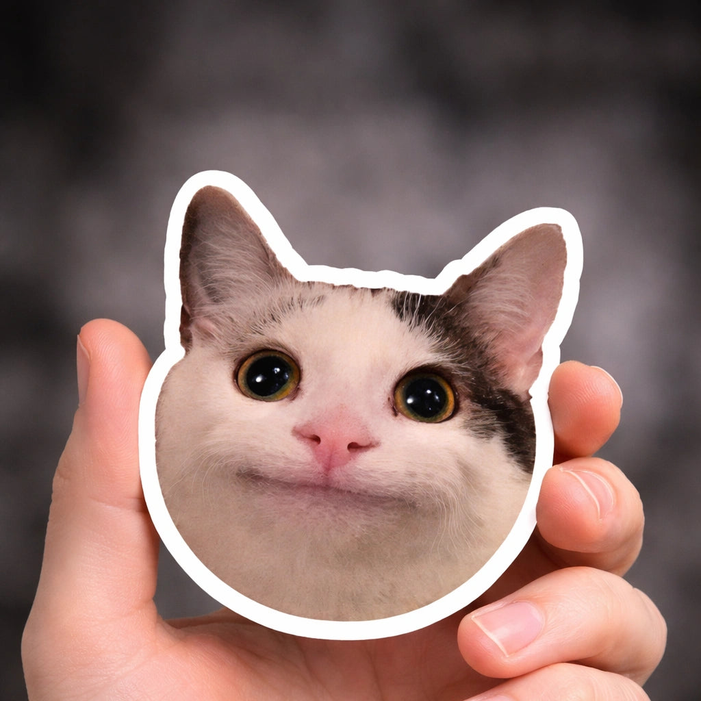 Sticker mit realistischem Katzen-Gesicht mit großen Augen und weißem Rand