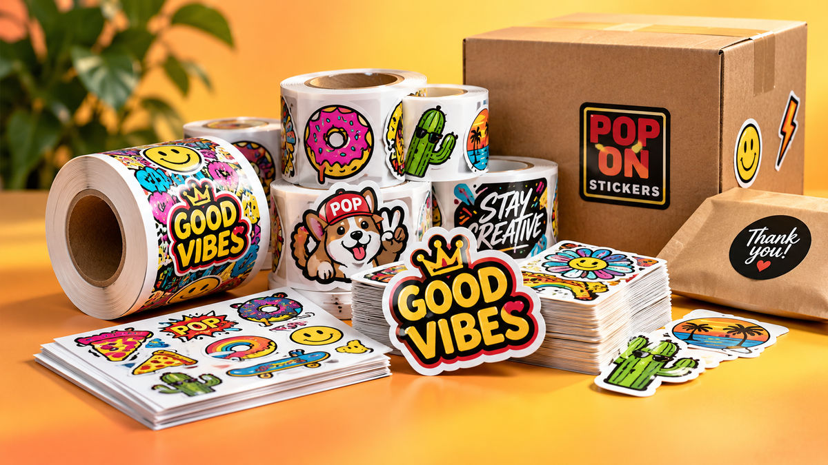 Stickerrollen, Stickerbögen und Versandkarton aus der PopOn-Produktion