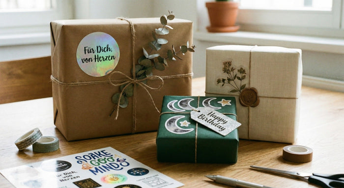 Runde Hologramm-Sticker auf Tisch