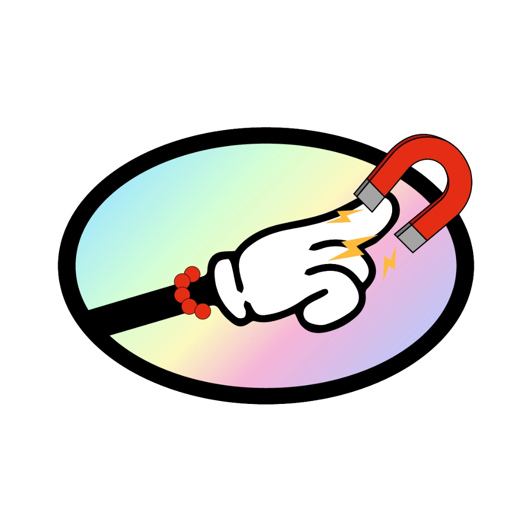 Ovaler Fotomagnet mit einem Porträtfoto schimmert in Regenbogenfarben an einer Magnetwand