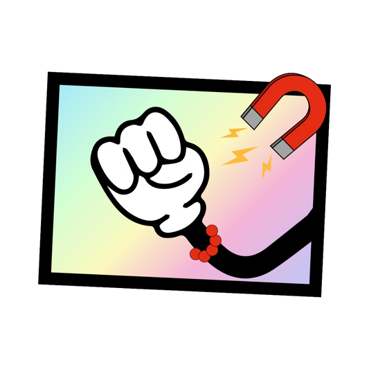 Rechteckiger Fotomagnet mit einem Strandmotiv schimmert in Regenbogenfarben an einem Kühlschrank