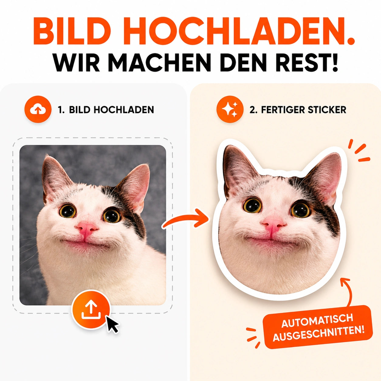 Sticker drucken leicht gemacht: Katze als Fotovorlage hochladen und automatisch freigestellten Sticker erhalten – individuelle Kontur-Sticker mit präzisem Zuschnitt aus eigenen Bildern erstellen.