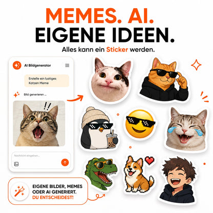 Sticker drucken mit eigenen Ideen, Memes und KI-generierten Motiven – individuelle Sticker aus Haustierfotos, Emojis, Cartoons, Pixel-Art und kreativen AI-Bildern gestalten.