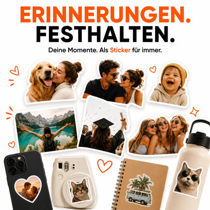 Sticker drucken mit persönlichen Erinnerungen – individuelle Fotosticker mit Haustieren, Familie, Reisen, Abschlussfeiern und besonderen Momenten, dargestellt auf Smartphone, Kamera, Notizbuch und Trinkflasche.