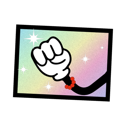 Ein rechteckiger Glitzer-Sticker gestaltet als Visitenkarte. Klebt am Notizbuch und funkelt edel.