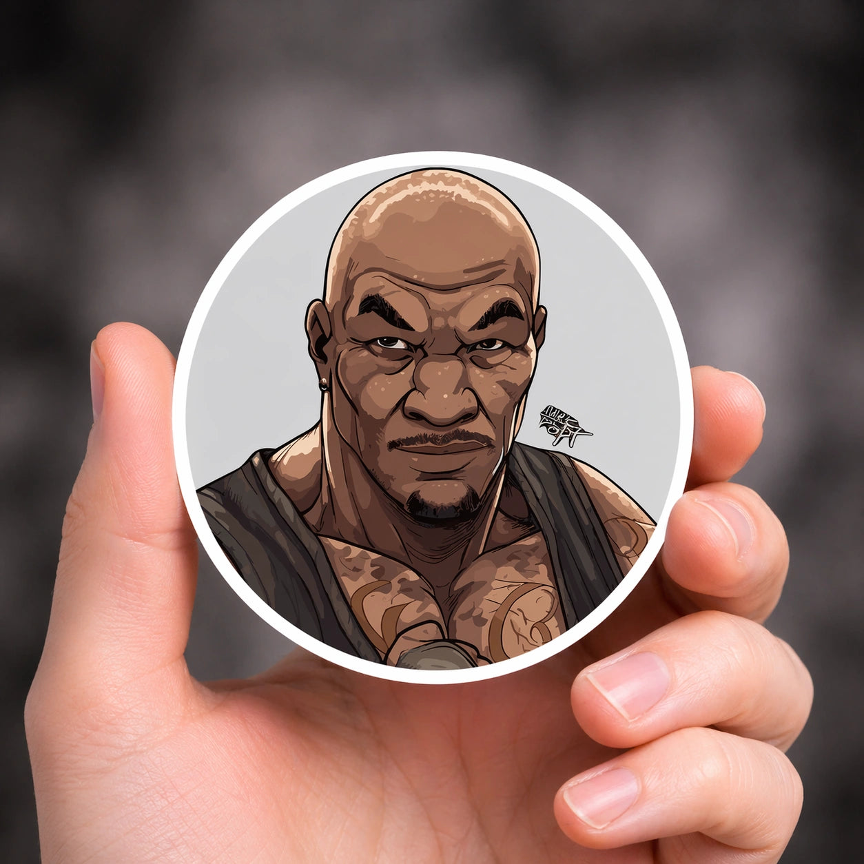 Runder Sticker mit markantem Boxer-Gesicht im Illustrationsstil