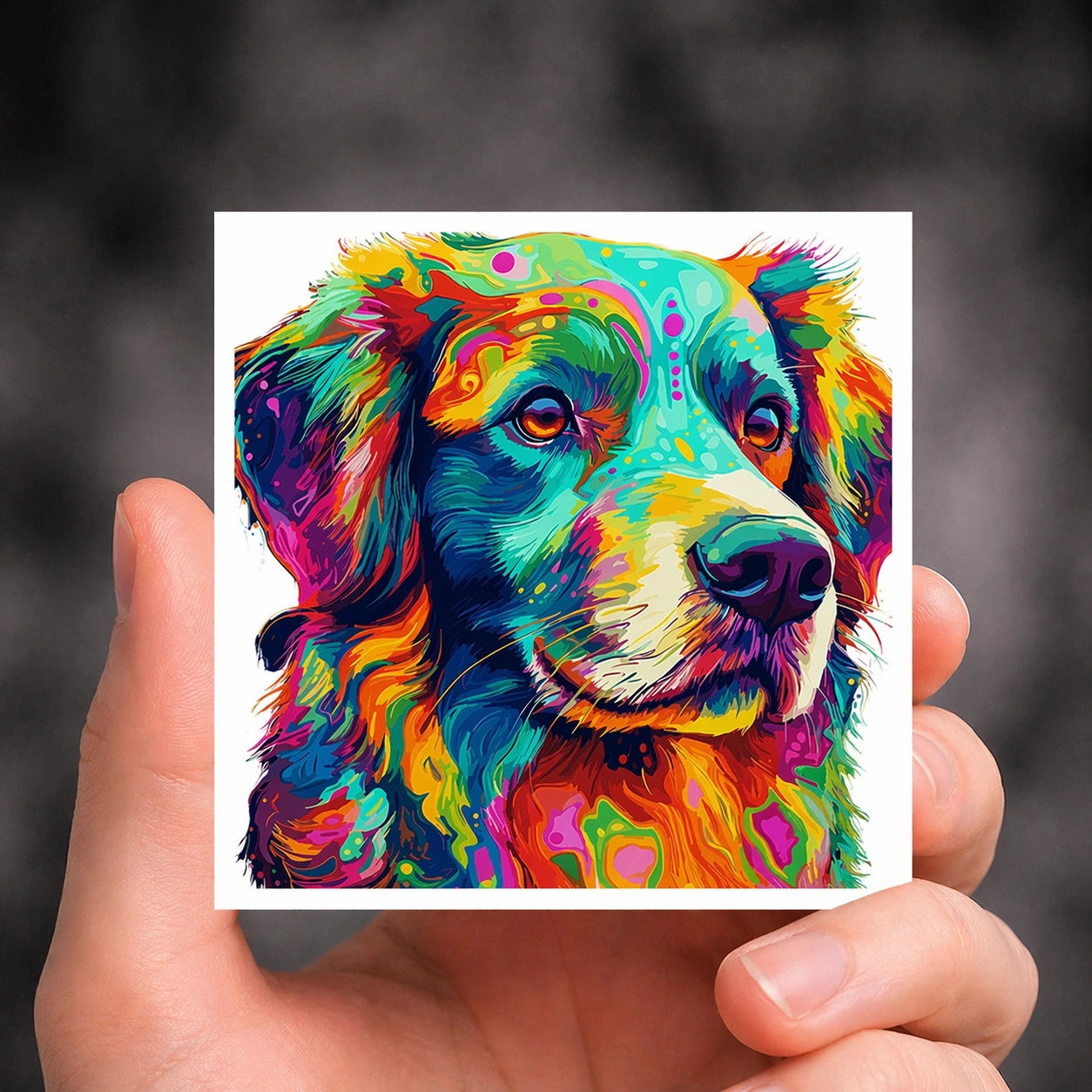 Farbenfroher Rechteckige/Quadratische Sticker mit künstlerisch gestaltetem Hund in lebendigen Neonfarben