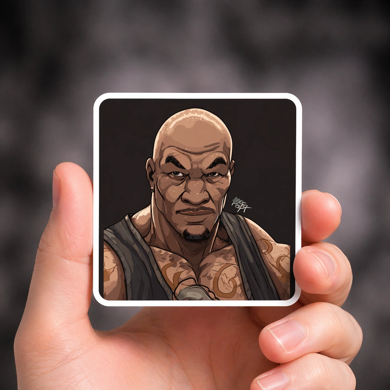 Quadratischer Sticker mit Porträt eines Boxers im Comic-Stil