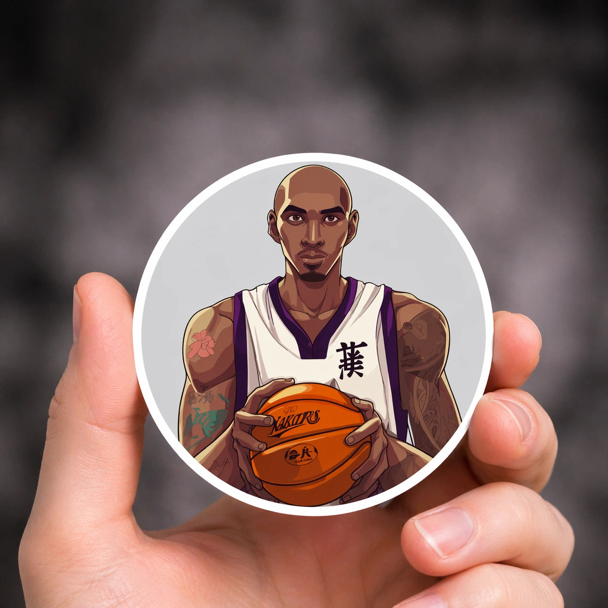 Runder Sticker mit Basketballspieler im Comic-Stil