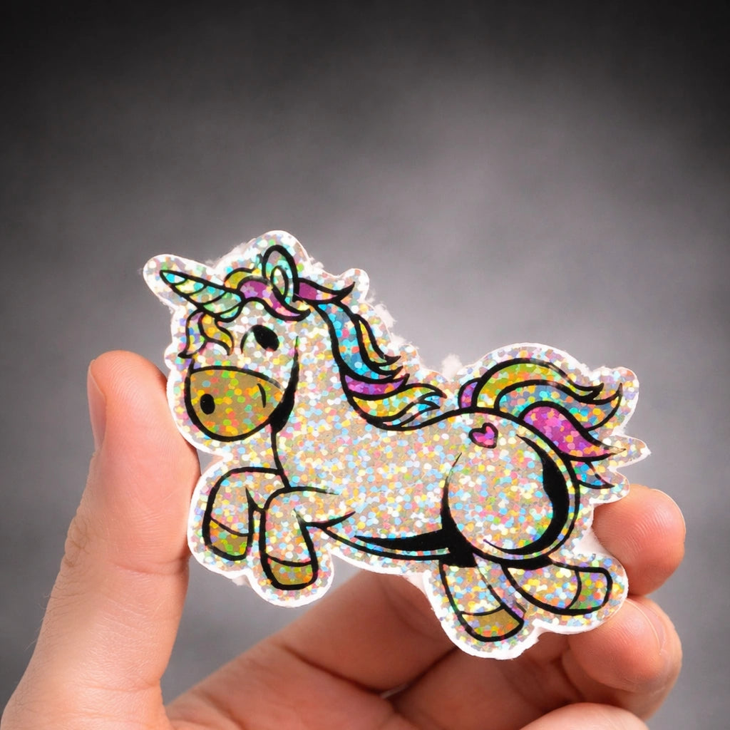 Glitzernder Sticker mit niedlichem Einhorn in bunten Farben und holografischem Effekt