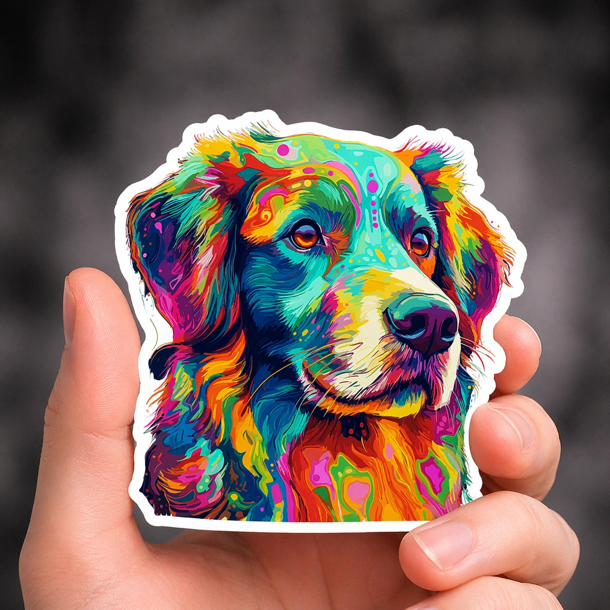 Farbenfroher Sticker mit künstlerisch gestaltetem Hund in lebendigen Neonfarben