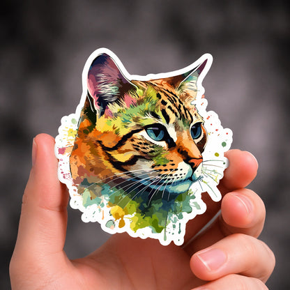 Sticker mit Katzenkopf im Aquarell-Stil in bunten Farbverläufen und Spritz-Effekten