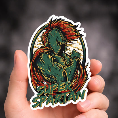 Sticker mit Spartaner-Krieger im Comic-Stil mit Schriftzug ‘Super Spartan’ in kräftigen Farben